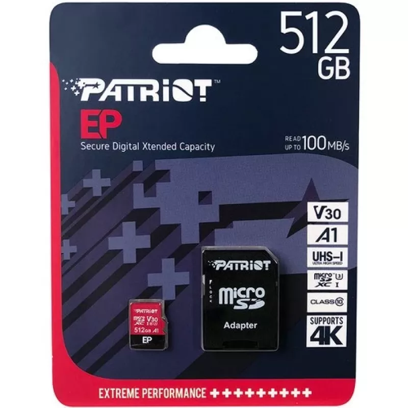 Cartão de memória MicroSDXC PATRIOT 512 GB UHS‑I U3 V30 Class 10, velocidade de leitura até 90 MB/s, adaptador incluído