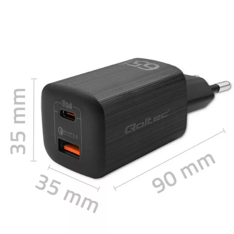 Carregador Qoltec 50766 para dispositivos móveis portátil, consola de jogos portátil, powerbank, smartphone, smartwatch, tablet preto AC carregamento rápido para interiores
