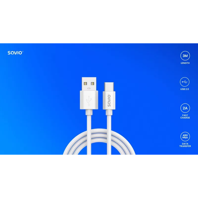 Cabo USB 2.0 SAVIO CL-168, USB A (macho) para USB C (macho), 3 m, branco