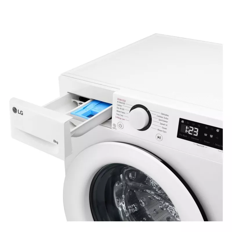 LG | Máquina de lavar roupa | F2WR508SWW | Classe de eficiência energética A-10% | Carga frontal | Capacidade de lavagem 8 kg | 1200 rpm | Profundidade 47,5 cm | Largura 60 cm | Visor | LED | Função vapor