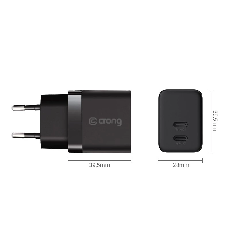 Carregador de parede Crong Ultra Compact GaN 35W PD 3.0 2x USB-C (preto)