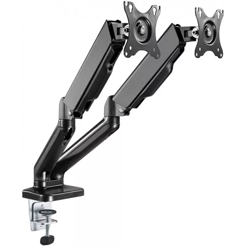 Suporte de mesa Goobay | Suporte para dois monitores com mola a gás | Orientável, inclinável, rotativo | 17-32 inch | Capacidade máxima de carga 9 kg | preto