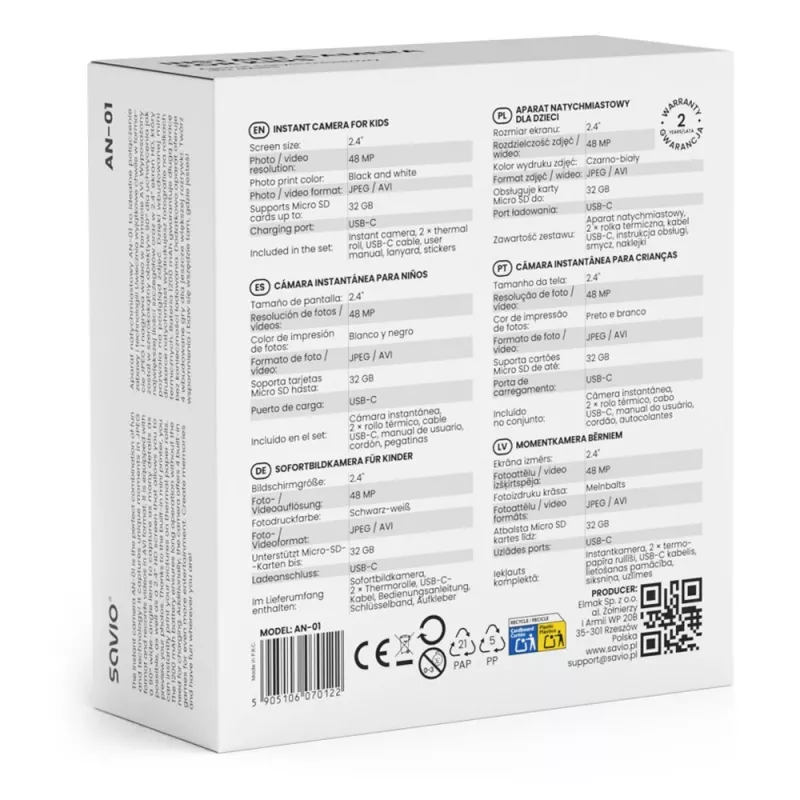 Máquina fotográfica instantânea SAVIO AN-01 para crianças, branca, LCD 6,1 cm (2,4″), MicroSDHC até 32 GB, USB-C, bateria 1200 mAh, sem flash incorporado