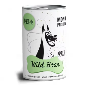 Comida húmida para cães PAKA ZWIERZAKA Pepe Javali 400 g — adulto, sabor a javali, 8,2 % proteína, 6,2 % gordura, lata