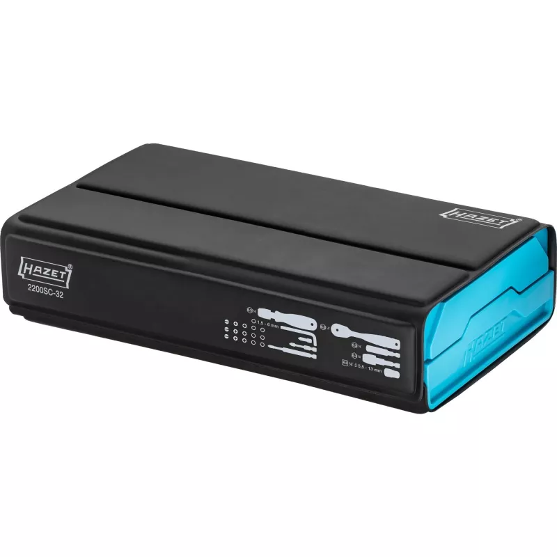 Conjunto de chaves de caixa e bits Hazet 2200SC-32 — 59 peças, catraca reversível 1/4 polegadas, preto/azul