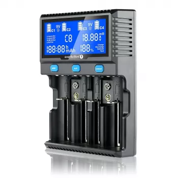Carregador universal everActive UC-4200 AC 12V 3A, suporta AA/AAA/C/9V, 4 células, preto, visor integrado