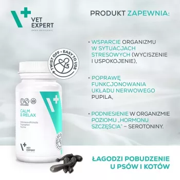 Suplemento calmante VETEXPERT Calm&Relax 30 cápsulas para cães e gatos, sem glúten, sem conservantes, em cápsula