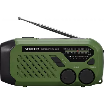 Rádio portátil FM/AM SENCOR SRD1000SCLGR com Bluetooth, carregamento solar/manivela/USB-C, bateria de 2000 mAh, IPX4, luzes LED