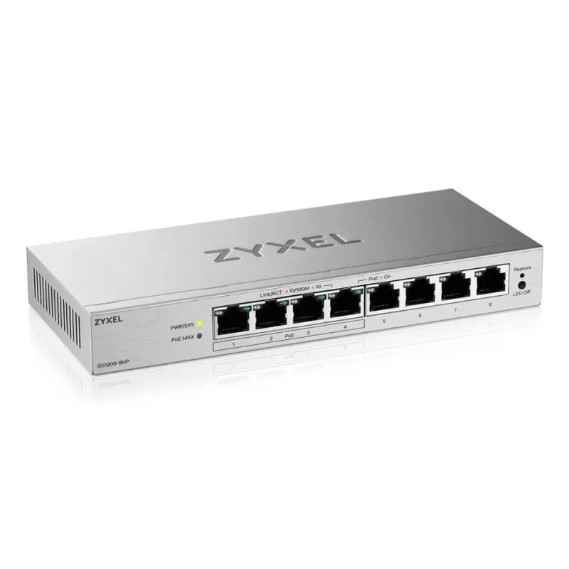Zyxel GS1200-8HPV3 gerido L2 Gigabit Ethernet (10/100/1000) Power over Ethernet (PoE) de secretária, cinzento