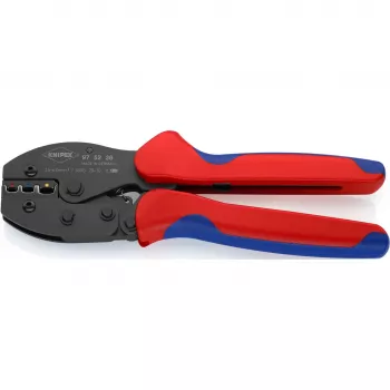 Alicate de cravar Knipex PreciForce modelo 975236 SB — punhos isolados em preto, azul e vermelho