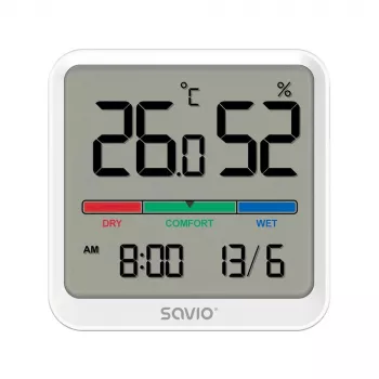 Sensor de temperatura e humidade interior SAVIO CT-01/W, ecrã LCD, -10–55 °C, 10–99 % HR, pilha CR2032