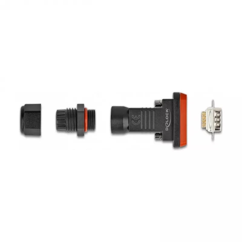 Conector macho D-Sub 9 pinos DeLOCK IP67 à prova de água preto laranja