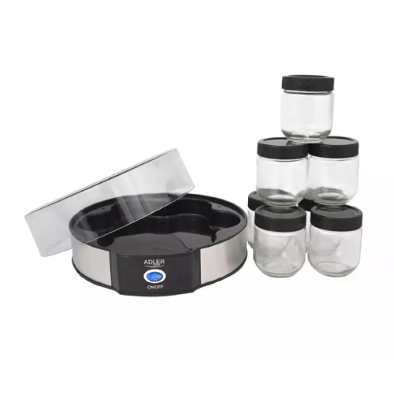 Iogurteira Adler AD 4476 — 7 frascos, 42 °C, 20 W, cinzento/preto/transparente