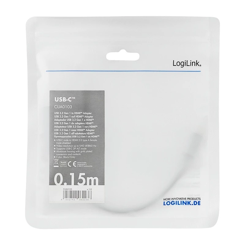LogiLink CUA0103 cabo USB 3.2 Gen1 Type-C para HDMI-A 0,15 m preto cinzento