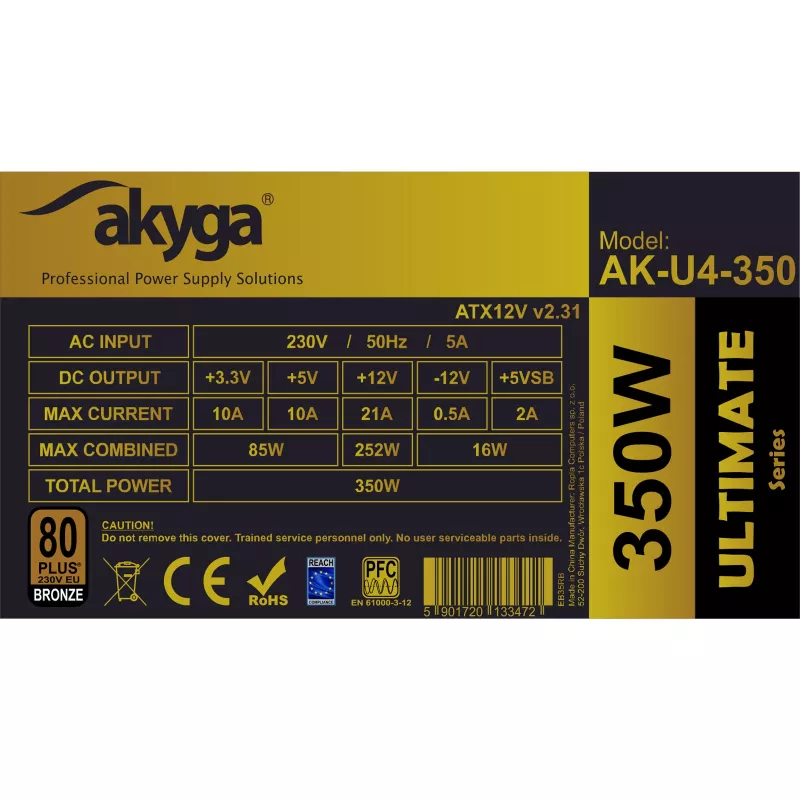 Fonte de alimentação ATX Akyga AK-U4-350 Ultimate 350 W, 80 PLUS Bronze, PFC ativo, ventoinha de 120 mm