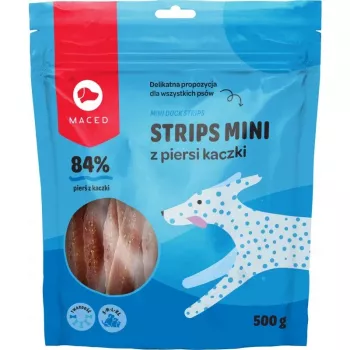 Petiscos de treino para cães MACED Mini Ducks Strips 500 g — carne de pato, pequenos pedaços mastigáveis, 45% de proteína