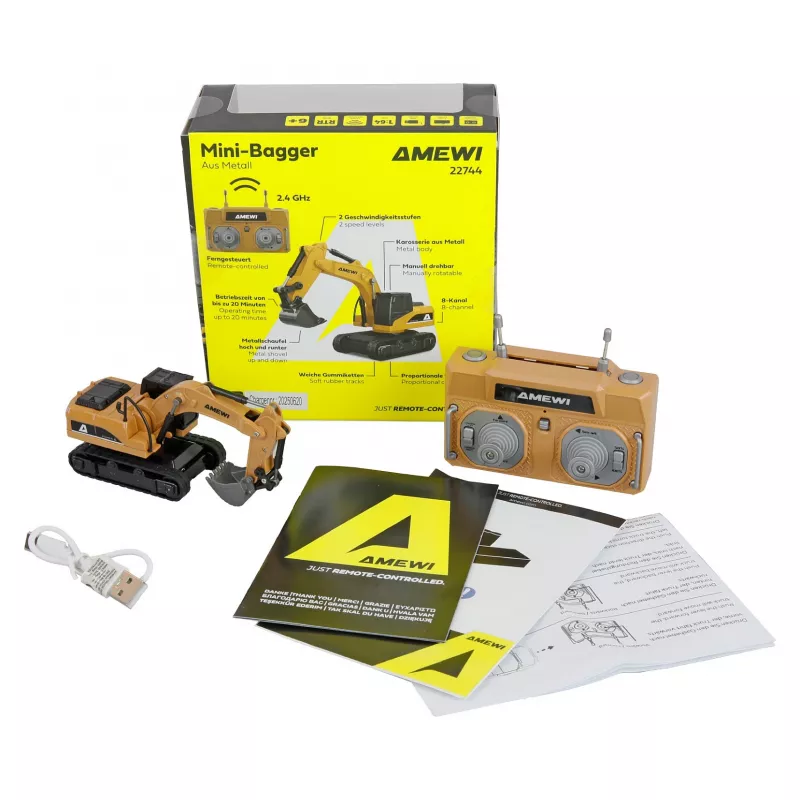Escavadora modelo RC Amewi 22744 escala 1:64, motor elétrico, LiPo 200 mAh, para crianças a partir dos 6 anos