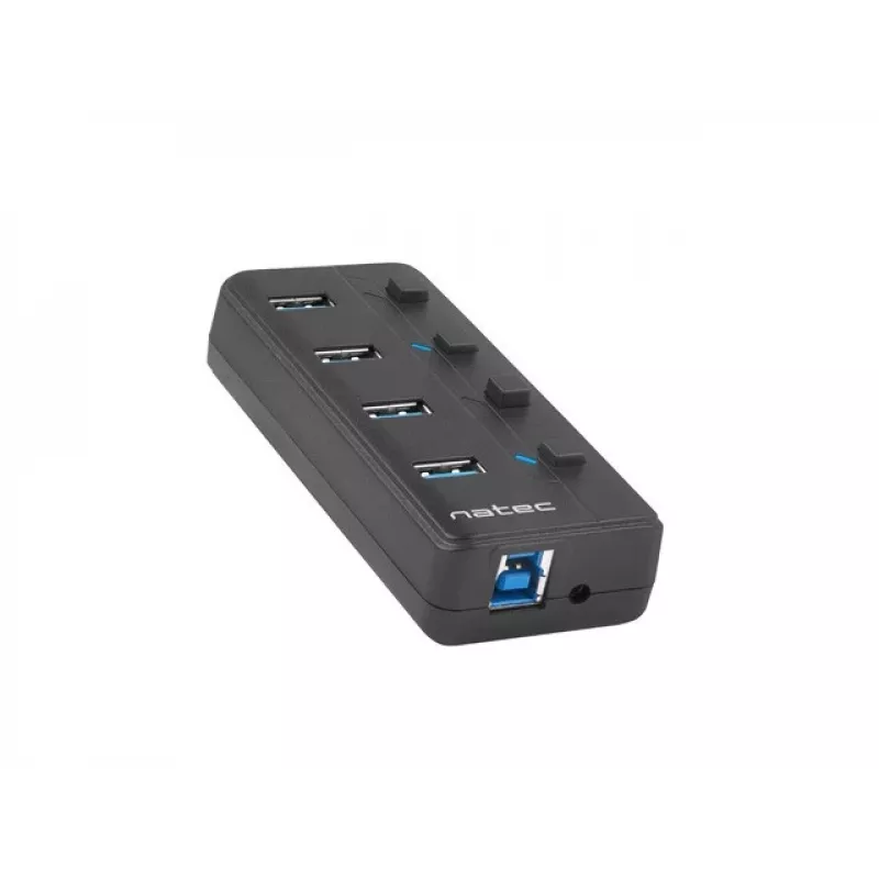 Natec Mantis 2 NHU-1557 hub USB 3.0 de 4 portas, entrada USB Type-B, interruptores ligar/desligar, adaptador de corrente, preto