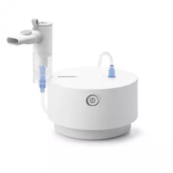 Nebulizador de mesa Omron C28P com capacidade de 10 ml/min, tamanho de partícula de 2,65 µm, branco, dimensões 265×195×143 mm