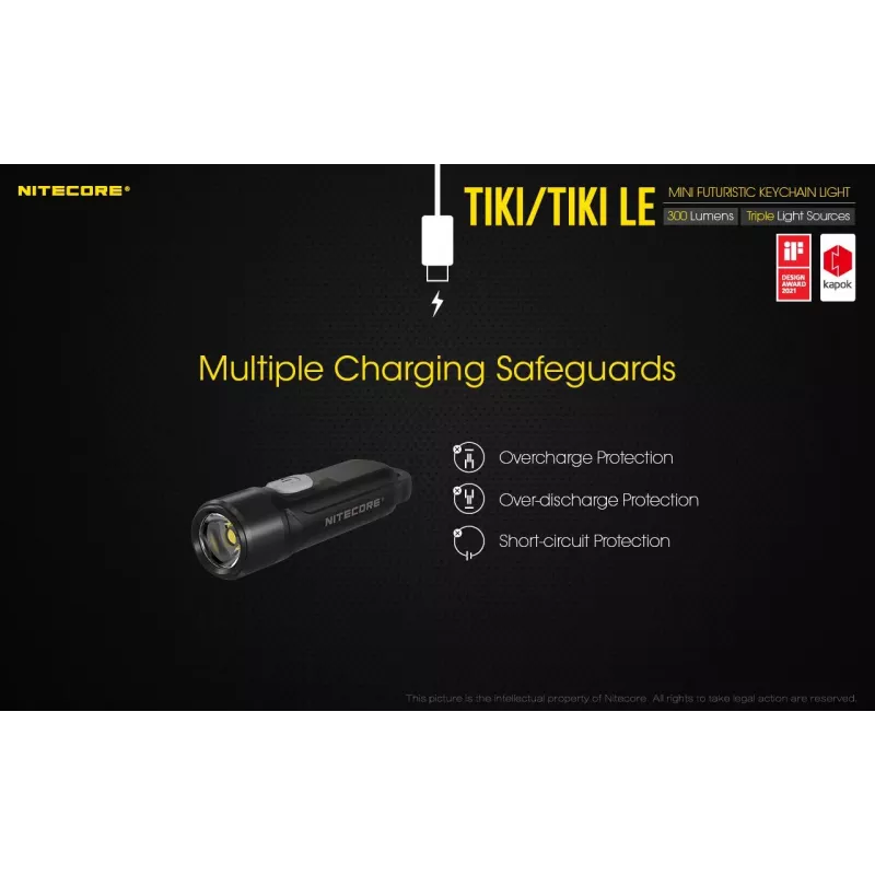 Lanterna de mão Nitecore TIKI LE — 300 lm, recarregável por USB, policarbonato, IP66, resistente a impactos, 10,5 g, 55 mm, preta