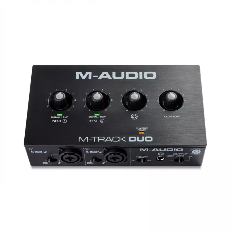Interface de áudio M-Audio M-Track Duo — USB 2-in/2-out, 16-bit/48 kHz, 1x XLR/TS combo, 1x entrada de instrumento, alimentação fantasma 48V