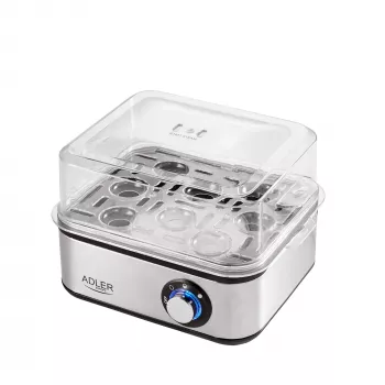 Cozedor de ovos Adler AD 4486 — capacidade para 8 ovos, 800 W, aço acetinado preto com tampa transparente