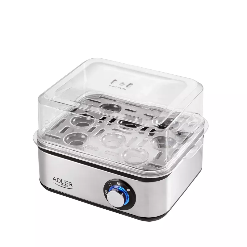 Cozedor de ovos Adler AD 4486 — capacidade para 8 ovos, 800 W, aço acetinado preto com tampa transparente