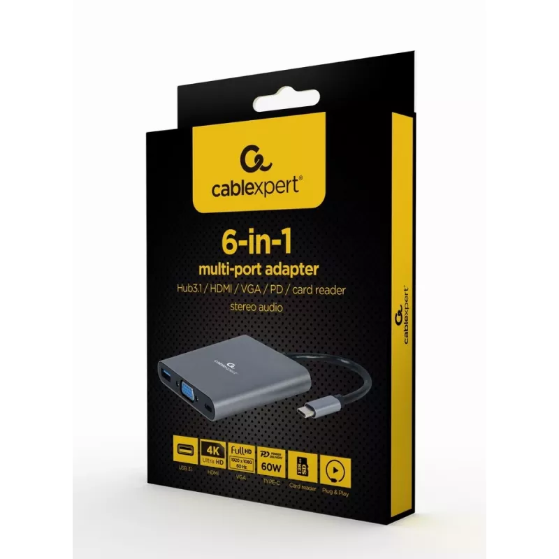 Gembird A-CM-COMBO6-01 adaptador multiporta USB-C 6 em 1, USB 3.1 Gen 1, HDMI 4K, VGA, PD 60 W, leitor SD/microSD, áudio de 3,5 mm, cinzento