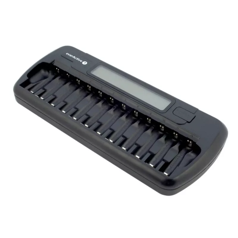 Carregador de pilhas everActive NC-1200 – carregador universal de 12 pilhas para AA/AAA, entrada de 12 V, preto