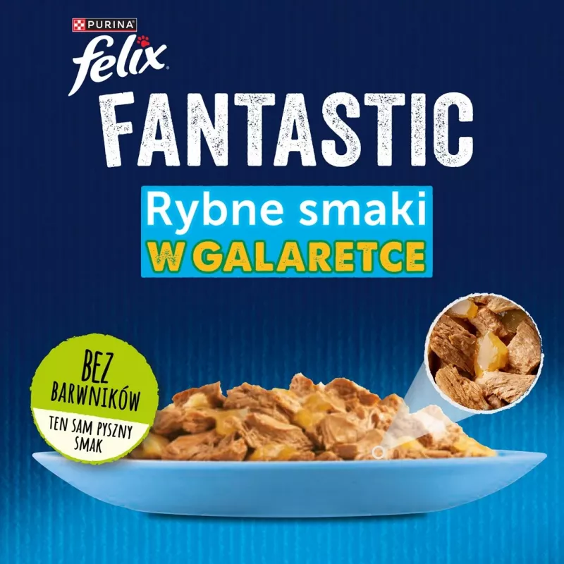 Comida húmida para gatos Purina Nestlé FELIX Fantastic sabor a peixe — atum, salmão, bacalhau, solha, 12×85 g saquetas