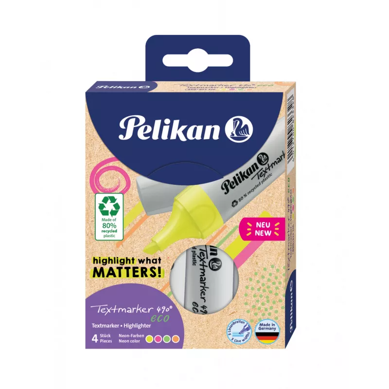 Marcador Pelikan Textmarker 490 eco 4 unid. ponta chanfrada verde laranja rosa amarelo