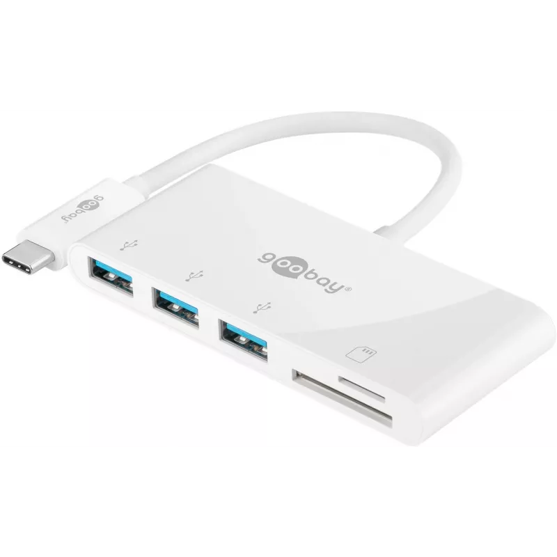 Adaptador multiporta Goobay USB-C™ leitor de cartões, branco, 0,15 m - expande um dispositivo USB-C™ com três portas USB 3.0 e uma ranhura para cartões SD/MMC e Micro SD (62097)