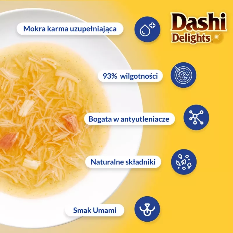 Snack de comida húmida para gatos INABA Dashi Delights caldo sedoso – frango com atum e salmão, 40 g saqueta, 93 % de humidade, apoio digestivo dietético
