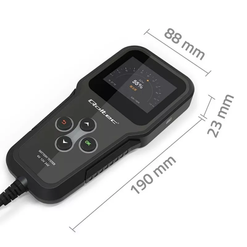 Qoltec 52489 Analisador e testador digital de baterias 3-em-1 com LCD e multilingue 6V | 12V | 24V | 30Ah-200Ah