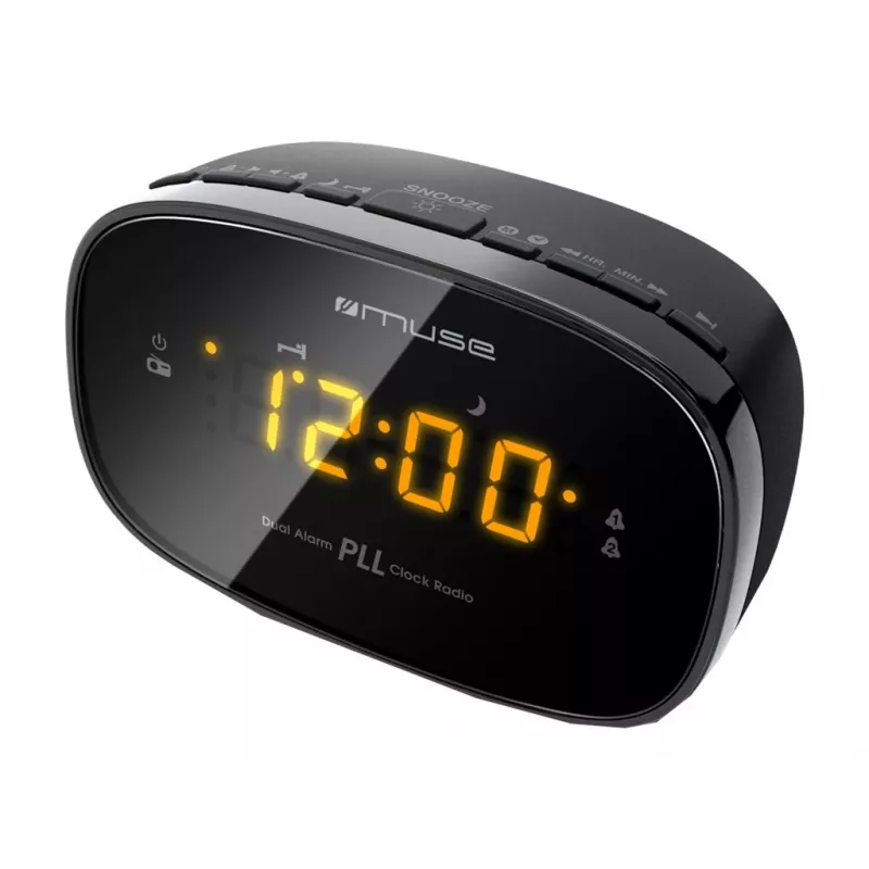 Muse M-150CR rádio-despertador, PLL FM, ecrã LED âmbar com regulador de brilho, alarme (rádio/besouro), 230 V com bateria de reserva 2x AAA, preto