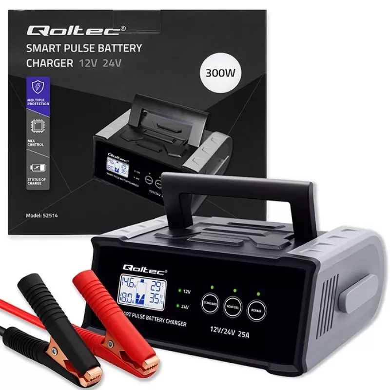 Carregador de bateria QOLTEC 52514 — 12V/24V, 25A, para baterias AGM/GEL/SLA com visor LCD