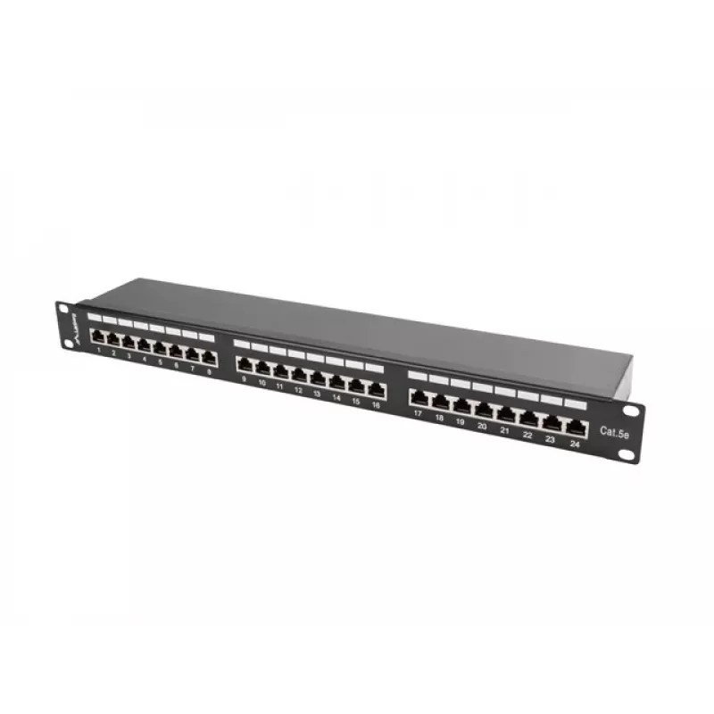 Patch panel 1U LANBERG PPS5-1024-B — 24 portas RJ-45 Cat5, metal, preto, montagem em rack