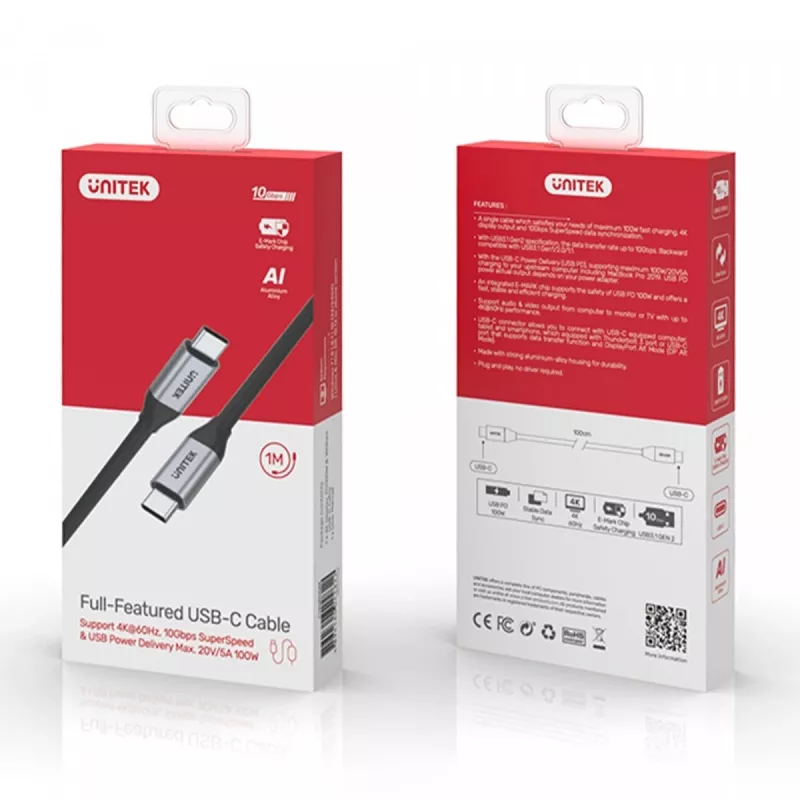 Cabo de dados e carregamento USB-C para USB-C Unitek C14082ABK 1 m, USB 3.2 Gen 2 (10 Gbit/s), 100 W PD, preto