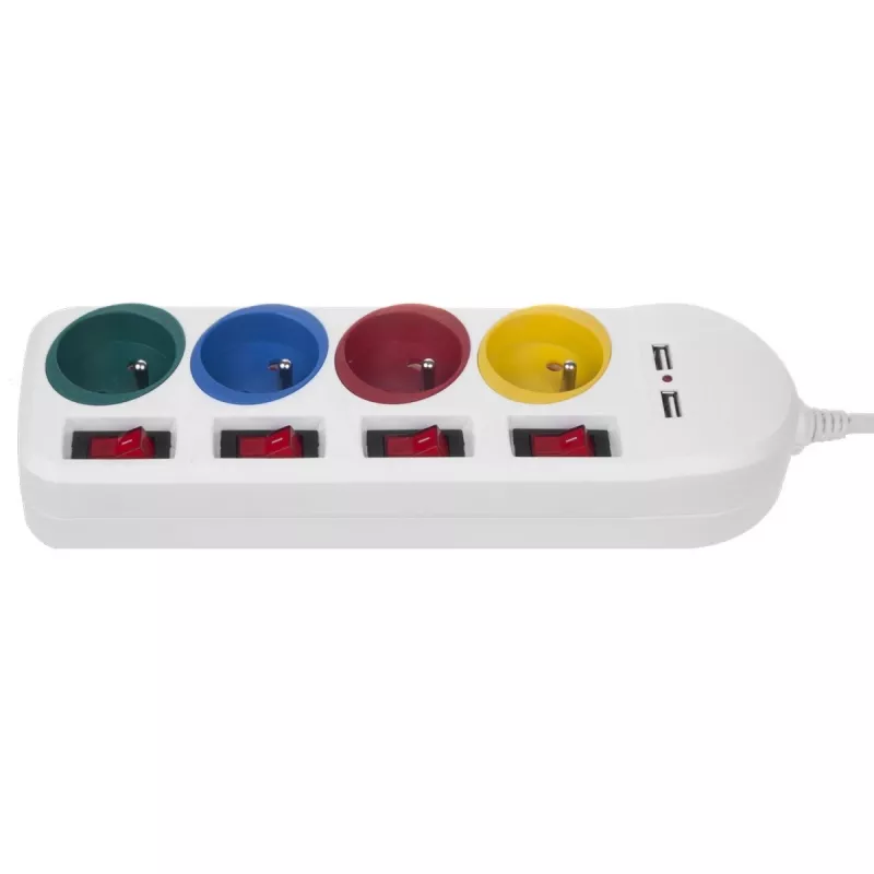 Extensão elétrica MACLEAN MCE229W — 4 tomadas, 2× USB, cabo de 1,5 m, tipo F, 10 A, branco