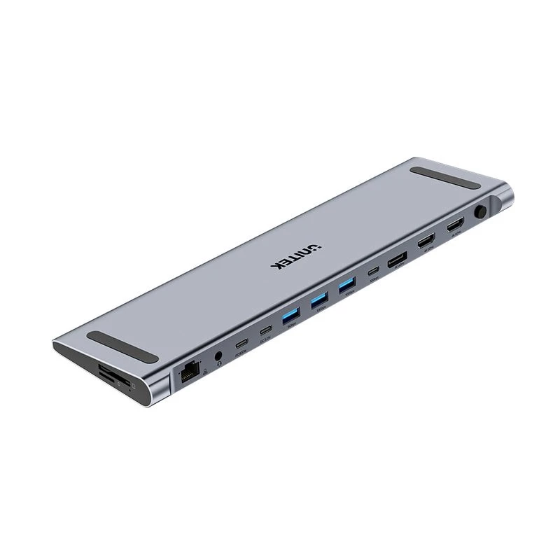 KVM-Switch Unitek D1106AGY01 estação de acoplamento USB-C Triple 4K com KVM, 3x USB-A, 5x USB-C, HDMI×2, DP×1, RJ-45, leitor SD, 3840×2160@60Hz, alumínio