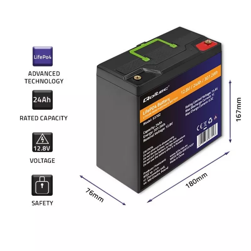Bateria de lítio-ferro-fosfato LiFePO4 Qoltec 53702 | 12,8V | 24Ah | 307,2Wh | BMS