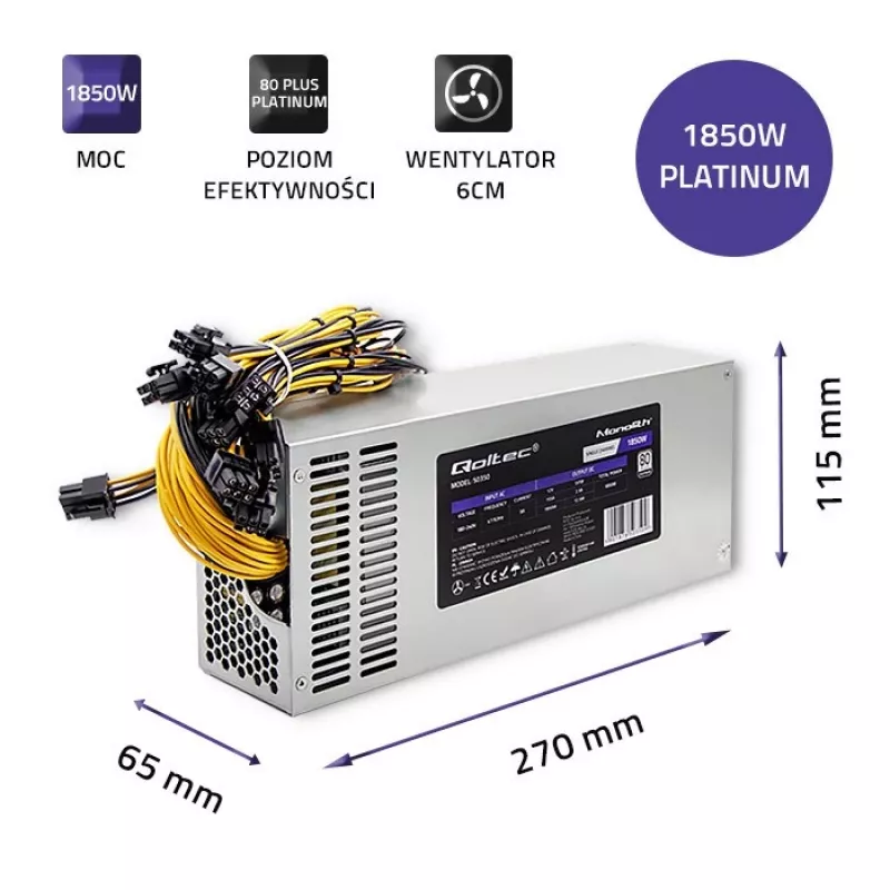 Fonte de alimentação Qoltec 50350 1850W PCI-E | 80 Plus Platinum | Gaming Miner
