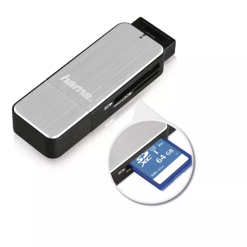 Hama 123900 leitor de cartões USB 3.0 SD/microSD, alumínio, preto/prateado