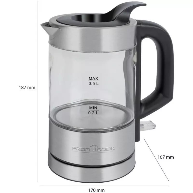 Chaleira ProfiCook PC-WKS 1228 G 0,5 L 1100 W aço inoxidável, transparente