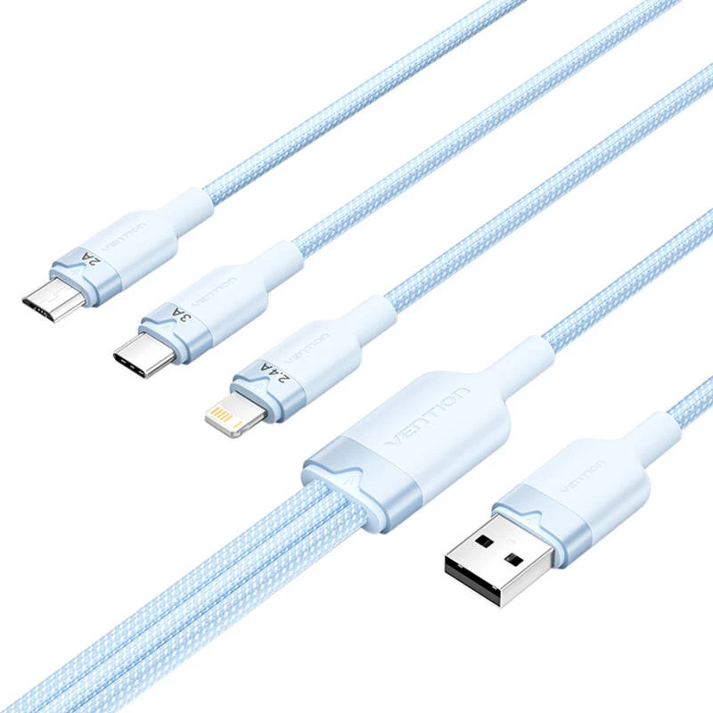 Cabo USB 2.0 A para 3-em-1 3A Vention CTPLG 1,5 m azul – dados e carregamento