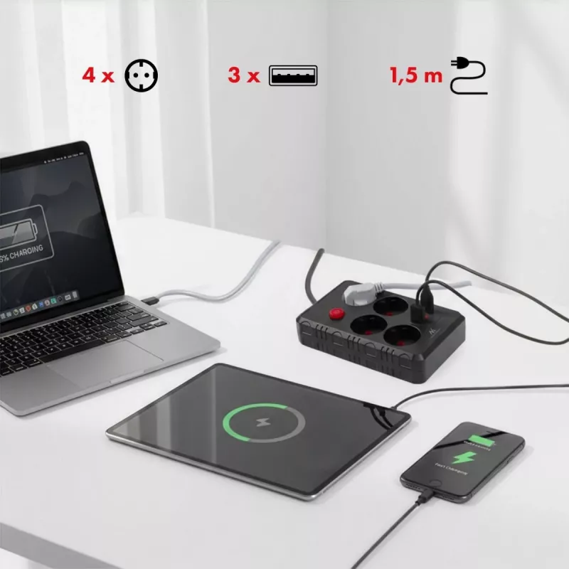 Extensão elétrica MACLEAN MCE392 B — 4 tomadas, 3×USB, 110–240V, 2,1A, 2500W, cabo de 1,5 m, preto