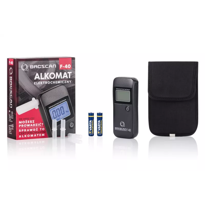 Alcoolímetro BACscan F-40, sem contacto, TAS 0–4%, precisão 1%, tempo de aquecimento 20s, LCD, pilha AAA×2