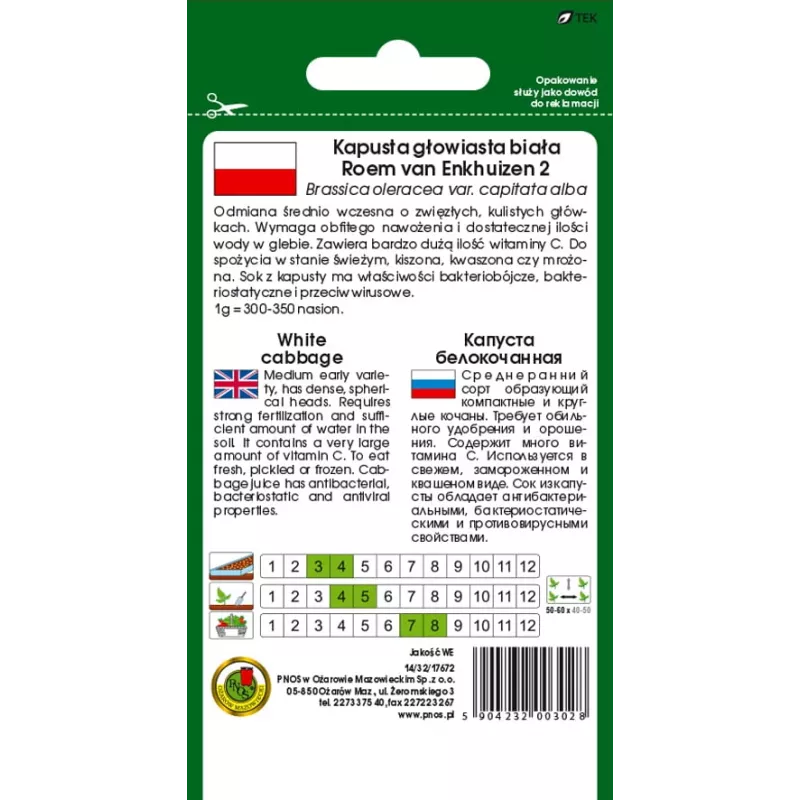 PNOS couve branca Roem Van Enkhuizen 2 sementes de hortícolas, 2 g