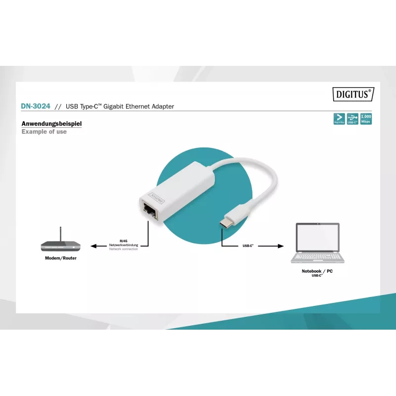 Adaptador Digitus DN-3024 USB 3.0 20 cm 1x USB-C para 1x RJ45 blindado