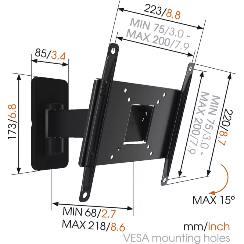 Vogels | Suporte de parede | MA2030-A1 | Totalmente móvel | 19-40 | Capacidade máx. 15 kg | preto